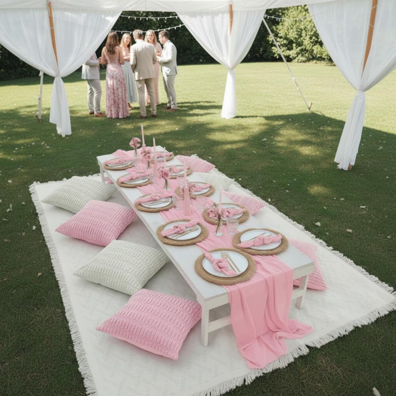 Beeveer 91 x 71 Extra Large Outdoor Boho Picnic Blanket with Pink Table Runner, 6 Throw Pillow Covers 6 Napkins Woven Cotton Yarn Oversize Beach Blanket Washable Picnic Camp Wedding - Image 4