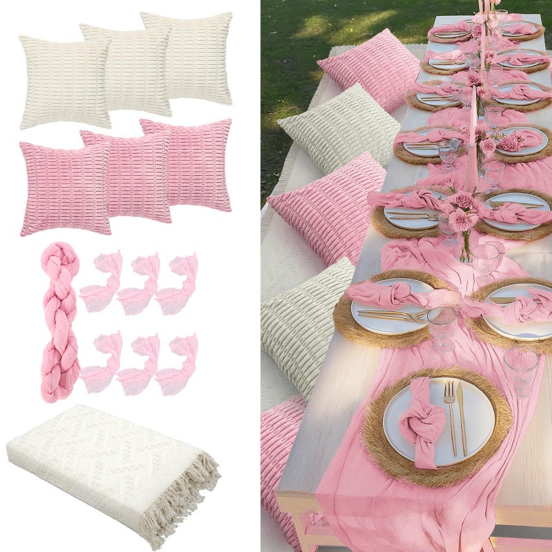 Beeveer 91 x 71 Extra Large Outdoor Boho Picnic Blanket with Pink Table Runner, 6 Throw Pillow Covers 6 Napkins Woven Cotton Yarn Oversize Beach Blanket Washable Picnic Camp Wedding - Image 1