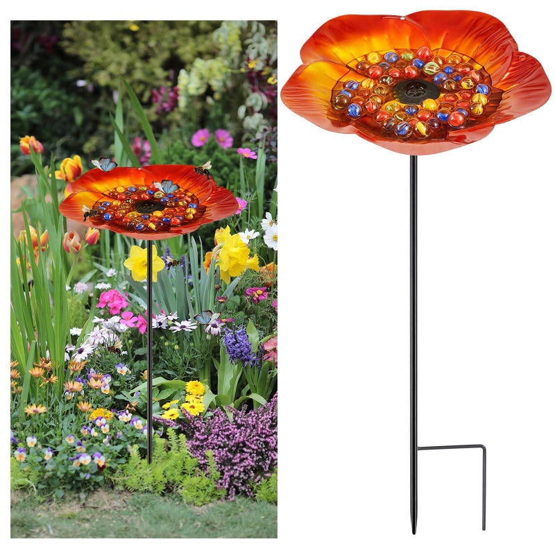 Tandefio Vivid Flower Bee Watering Station Metal Butterfly Water Feeder Cup with 30 Colorful Glass Marbles Bee Feeder Butterfly Bath Bowl for Garden Outdoor Yard DecorsGolden BrownFlower - Image 2
