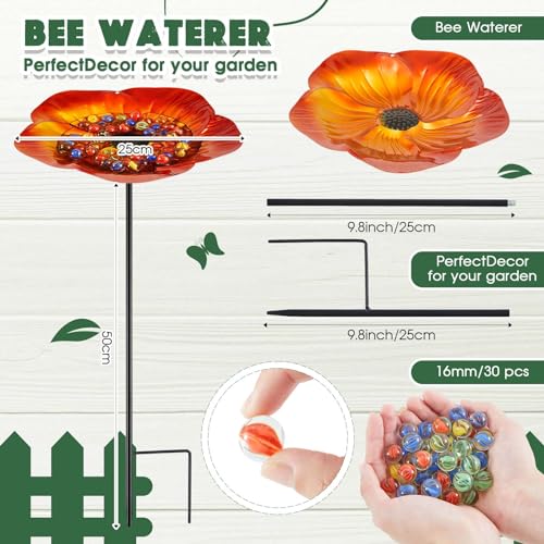 Tandefio Vivid Flower Bee Watering Station Metal Butterfly Water Feeder Cup with 30 Colorful Glass Marbles Bee Feeder Butterfly Bath Bowl for Garden Outdoor Yard DecorsGolden BrownFlower - Image 3