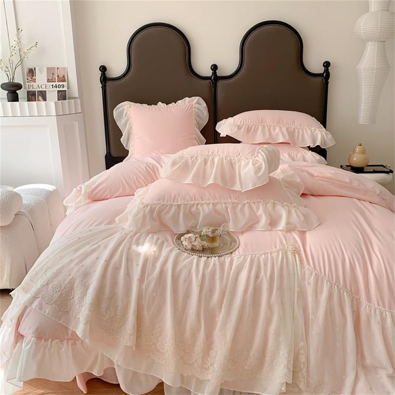 IHOUSTRIY Lace Duvet Cover Queen Size, Chiffon Ruffled Beddding Set with Flower, 3 Pieces Comforter Cover Set with Zipper Closure, Girl Princess Bedding with Pillowcase - Pink, Queen - Image 5