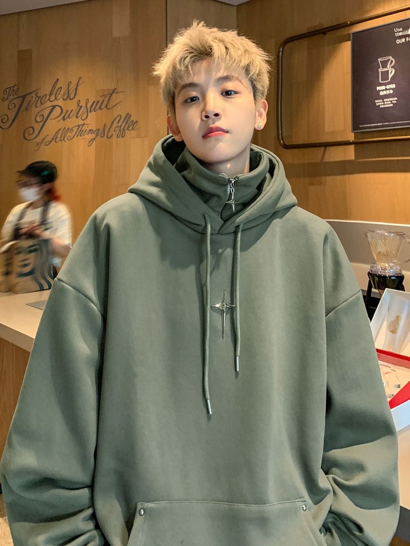 Mock Two-Piece Zip Hoodie Retro American Vibe Green - Image 1