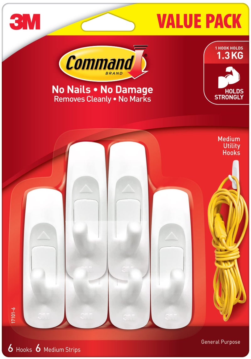 Command 3M Medium wall Hooks, Holds 1.3kg, No Paint Damage, Heavy Duty, Holds Strongly, Reusable, Adhesive Hooks for wall, Multi-Surface (White, 6 Hooks, 6 Strips) - Image 1