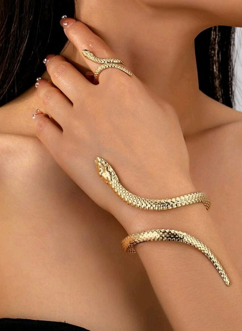 Shein 1 Set Snake Cuff Bangle Bracelet & 1 Pc Snake Ring , - Image 1