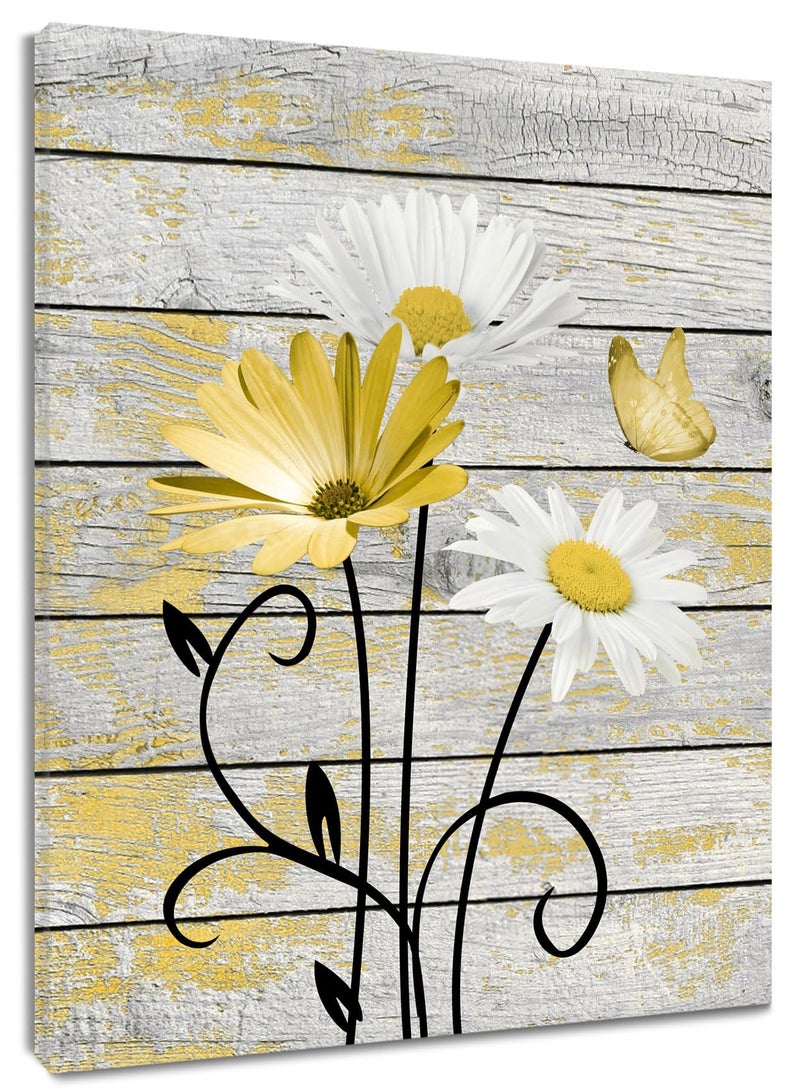 HVEST Farmhouse Yellow Floral Wall Art for Bathroom, Retro Daisy and Butterfly on Rustic Wood Canvas Wall Art Nature Flower Pictures for Living Room Bedroom Apartment Wall Decor,16L X 12W inches - Image 1