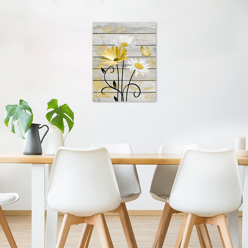 HVEST Farmhouse Yellow Floral Wall Art for Bathroom, Retro Daisy and Butterfly on Rustic Wood Canvas Wall Art Nature Flower Pictures for Living Room Bedroom Apartment Wall Decor,16L X 12W inches - Image 5