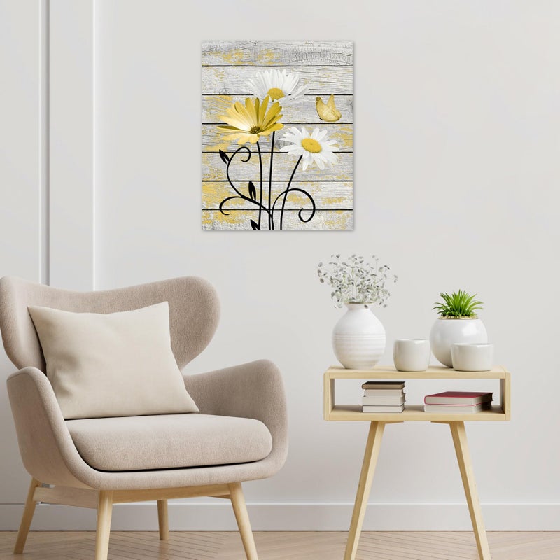 HVEST Farmhouse Yellow Floral Wall Art for Bathroom, Retro Daisy and Butterfly on Rustic Wood Canvas Wall Art Nature Flower Pictures for Living Room Bedroom Apartment Wall Decor,16L X 12W inches - Image 4