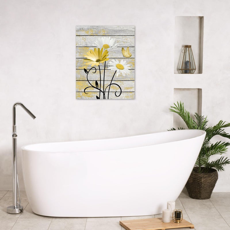 HVEST Farmhouse Yellow Floral Wall Art for Bathroom, Retro Daisy and Butterfly on Rustic Wood Canvas Wall Art Nature Flower Pictures for Living Room Bedroom Apartment Wall Decor,16L X 12W inches - Image 2