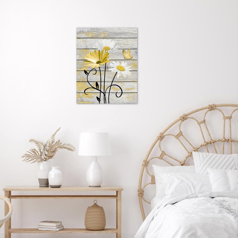 HVEST Farmhouse Yellow Floral Wall Art for Bathroom, Retro Daisy and Butterfly on Rustic Wood Canvas Wall Art Nature Flower Pictures for Living Room Bedroom Apartment Wall Decor,16L X 12W inches - Image 3