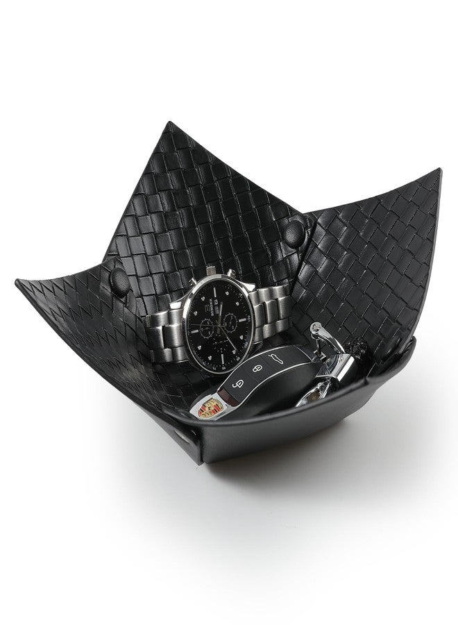 KINIVA 2 Pack PU Leather Jewelry Valet Tray for Men Women,Small Key Bowl for Entryway Table,Portable Travel Catchall Dice Tray (Bowl-Black-2pcs) - Image 1