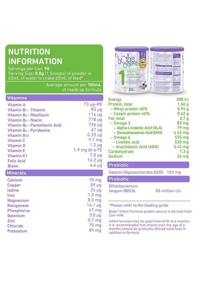 Aussie Bubs - Bubs Organic Grass Fed Infant Formula Stage 1, Infants 0-6 months, Made with Non-GMO Organic Milk, 28.2 Oz - Image 1