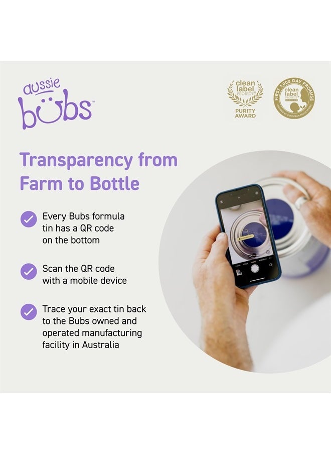 Aussie Bubs - Bubs Organic Grass Fed Infant Formula Stage 1, Infants 0-6 months, Made with Non-GMO Organic Milk, 28.2 Oz - Image 1