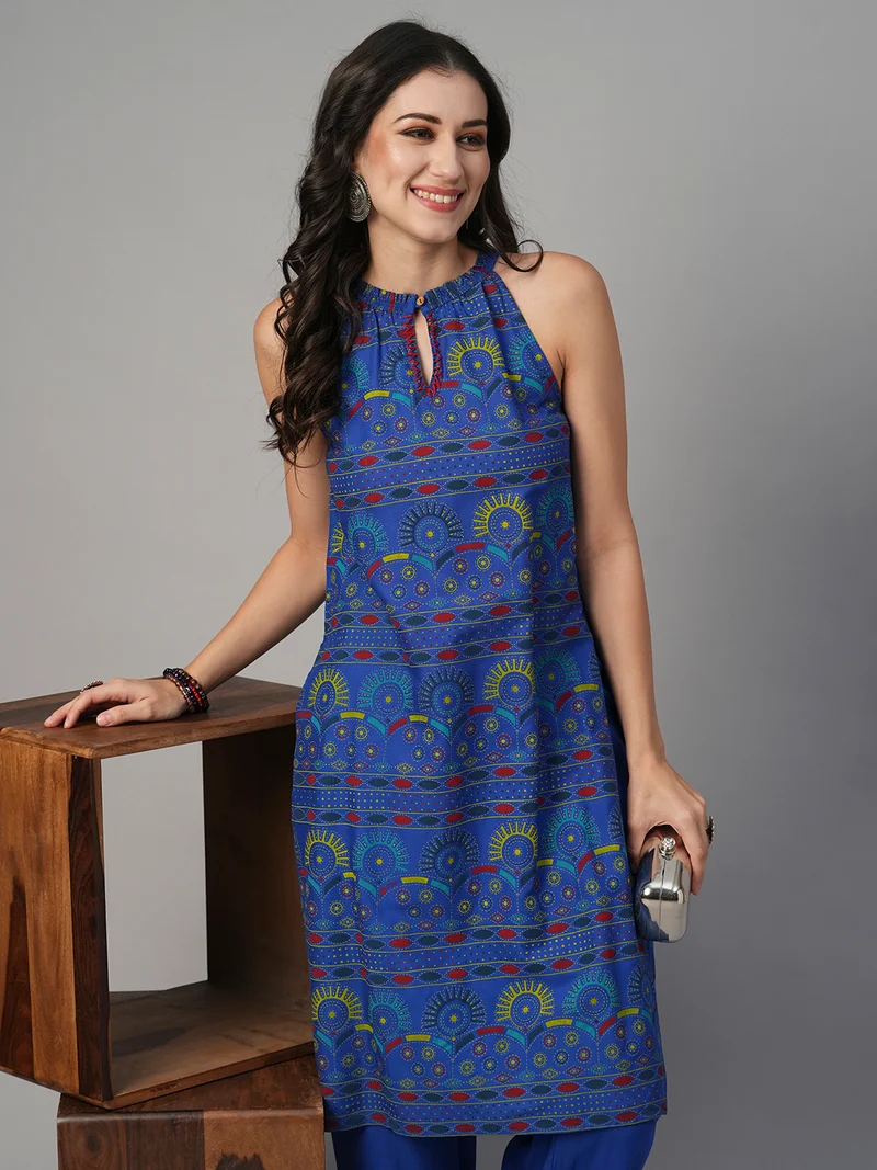 globus Women Keyhole Halter Neck Ethnic Print Straight Kurta With Mid-Rise Pants Fusion Set