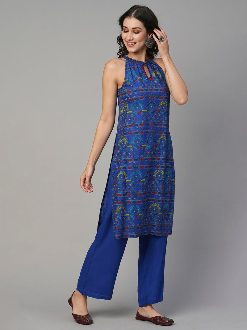 globus Globus Women Keyhole Halter Neck Ethnic Print Straight Kurta With Mid-Rise Pants Fusion Set  - Image 2