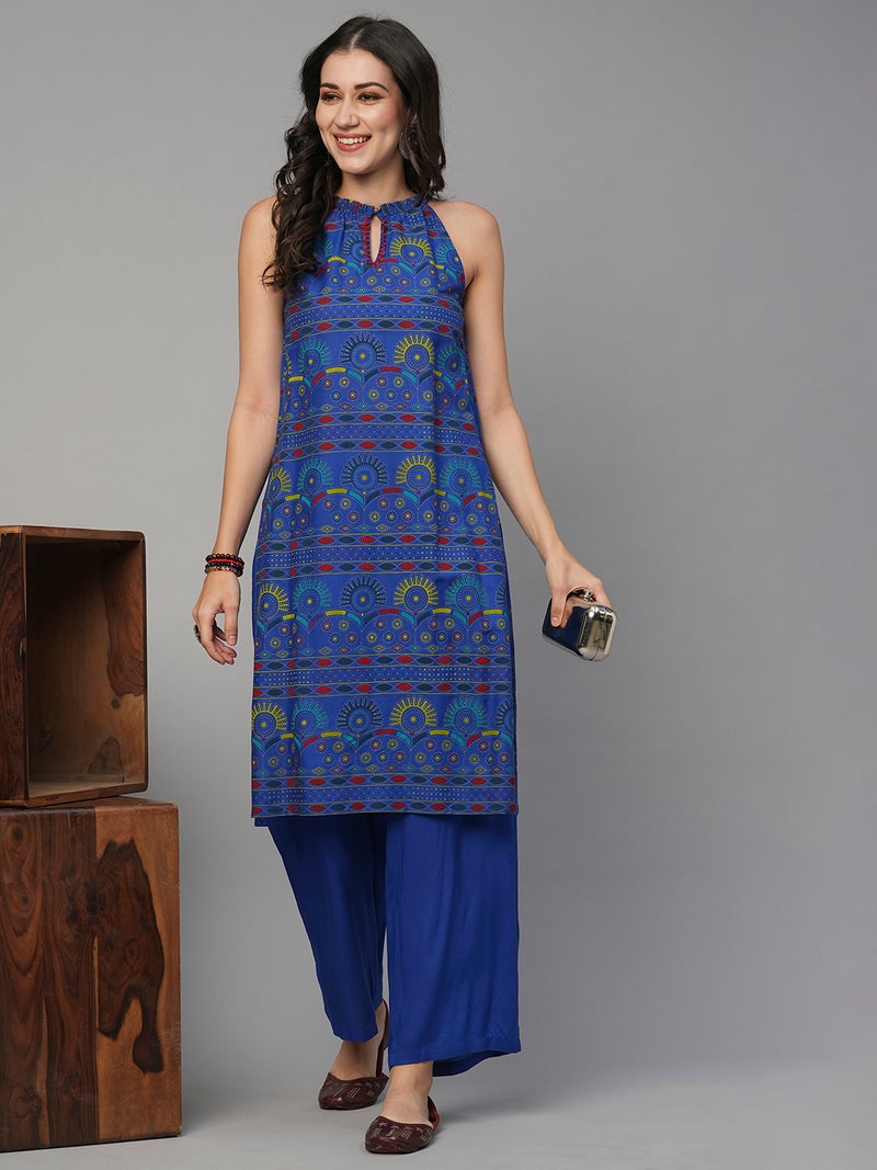 globus Globus Women Keyhole Halter Neck Ethnic Print Straight Kurta With Mid-Rise Pants Fusion Set  - Image 1