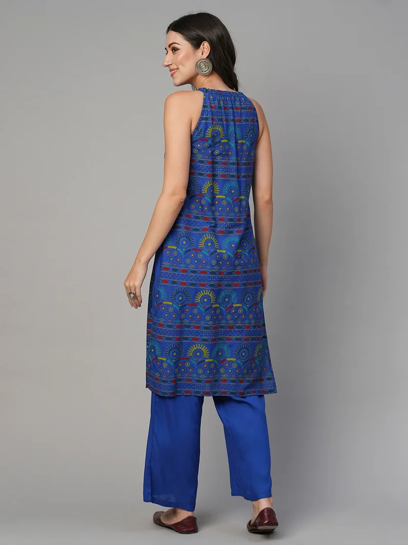 globus Women Keyhole Halter Neck Ethnic Print Straight Kurta With Mid-Rise Pants Fusion Set
