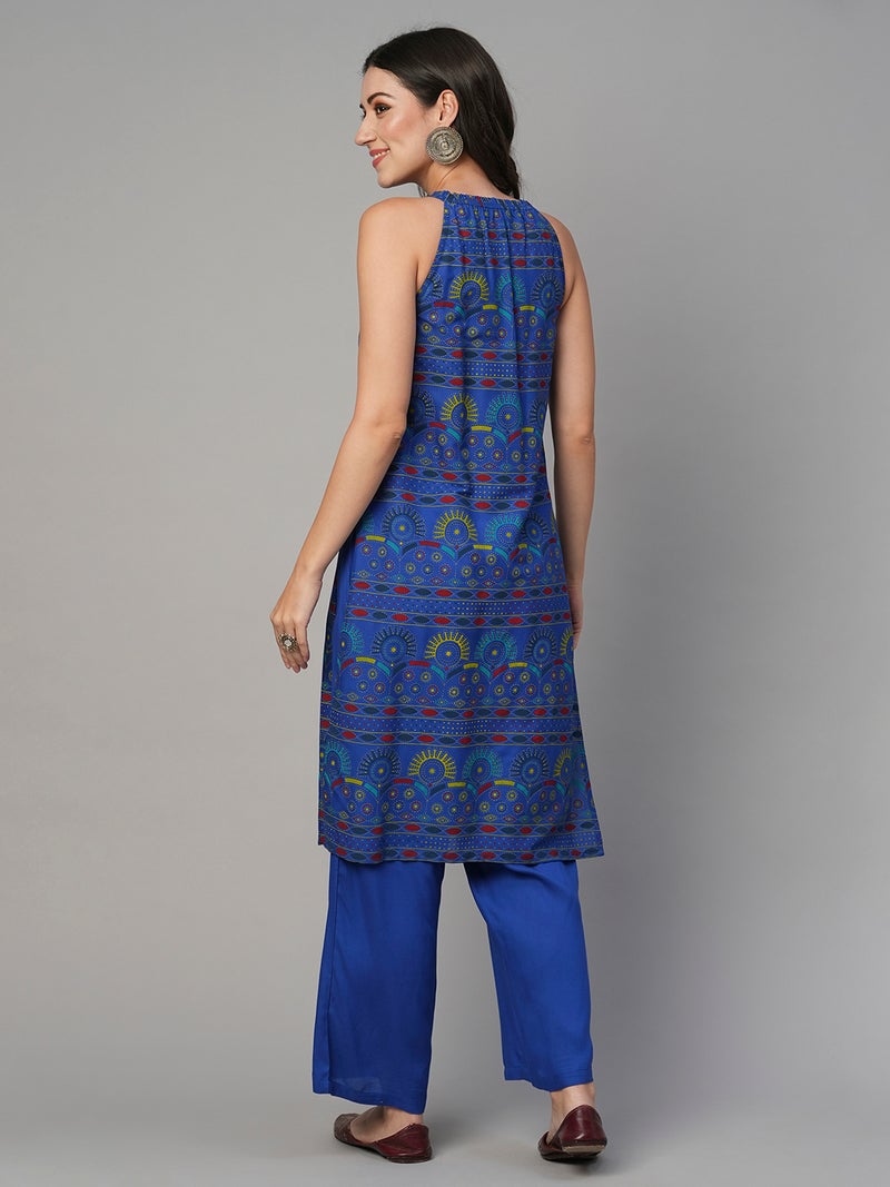 globus Globus Women Keyhole Halter Neck Ethnic Print Straight Kurta With Mid-Rise Pants Fusion Set  - Image 3