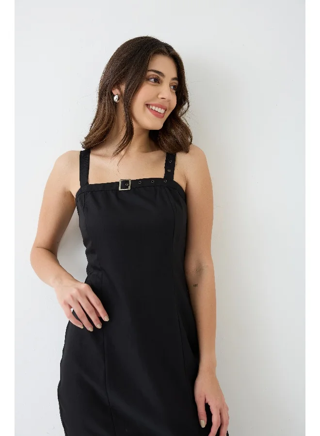 globus Women Buckle Detail Square Neck Strappy Shoulder Korean Midi Sheath Party Dress