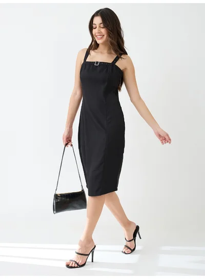 globus Women Buckle Detail Square Neck Strappy Shoulder Korean Midi Sheath Party Dress