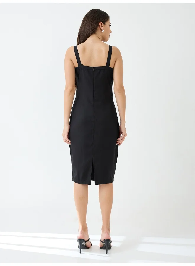 globus Women Buckle Detail Square Neck Strappy Shoulder Korean Midi Sheath Party Dress