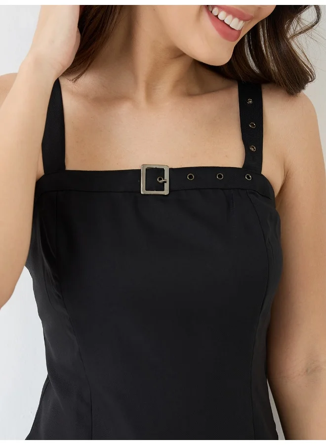 globus Women Buckle Detail Square Neck Strappy Shoulder Korean Midi Sheath Party Dress