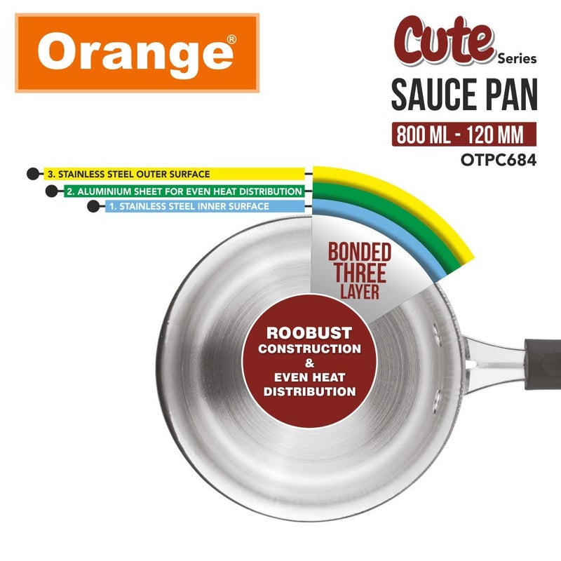 Orange Triply Cute Series Mini Saute Pan 800ml (120mm) | Ideal for Tea, Coffee, Milk & Sauces | Heavy Bottom | Induction & Gas Friendly | 2.5mm Thick Base | Cool-Touch Handle | 5 Year Warranty - Image 2