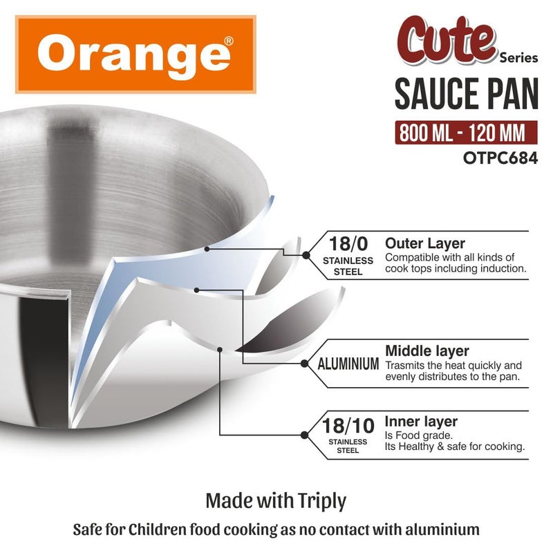 Orange Triply Cute Series Mini Saute Pan 800ml (120mm) | Ideal for Tea, Coffee, Milk & Sauces | Heavy Bottom | Induction & Gas Friendly | 2.5mm Thick Base | Cool-Touch Handle | 5 Year Warranty - Image 4