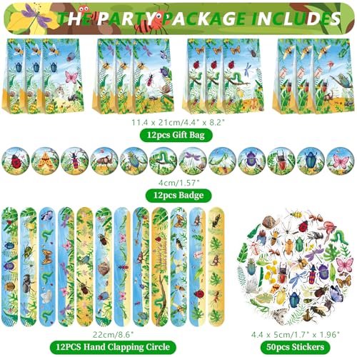 LSJDEER 122PCS Insect Bug Party Favors Set 50 Stickers 12 Assemble Stickers 12 Button Badges 12 Mini Notepads 12 Slap Bracelets 12 Rubber Bracelets 12 Goodie Bags for Garden Reptile Party Supplies - Image 5