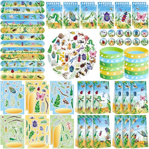LSJDEER 122PCS Insect Bug Party Favors Set 50 Stickers 12 Assemble Stickers 12 Button Badges 12 Mini Notepads 12 Slap Bracelets 12 Rubber Bracelets 12 Goodie Bags for Garden Reptile Party Supplies - Image 1