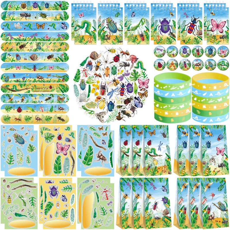LSJDEER 122PCS Insect Bug Party Favors Set 50 Stickers 12 Assemble Stickers 12 Button Badges 12 Mini Notepads 12 Slap Bracelets 12 Rubber Bracelets 12 Goodie Bags for Garden Reptile Party Supplies - Image 3