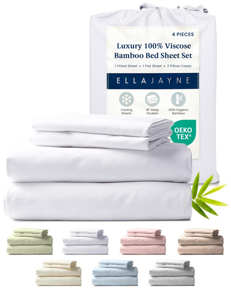 Ella Jayne Viscose Derived from Bamboo Sheets Set (4 Pieces) Queen Size, Ultra Soft & Luxuriously Cooling, Eco-Friendly Queen Sheet Set Deep Pockets 16 Inch (White) - Image 1