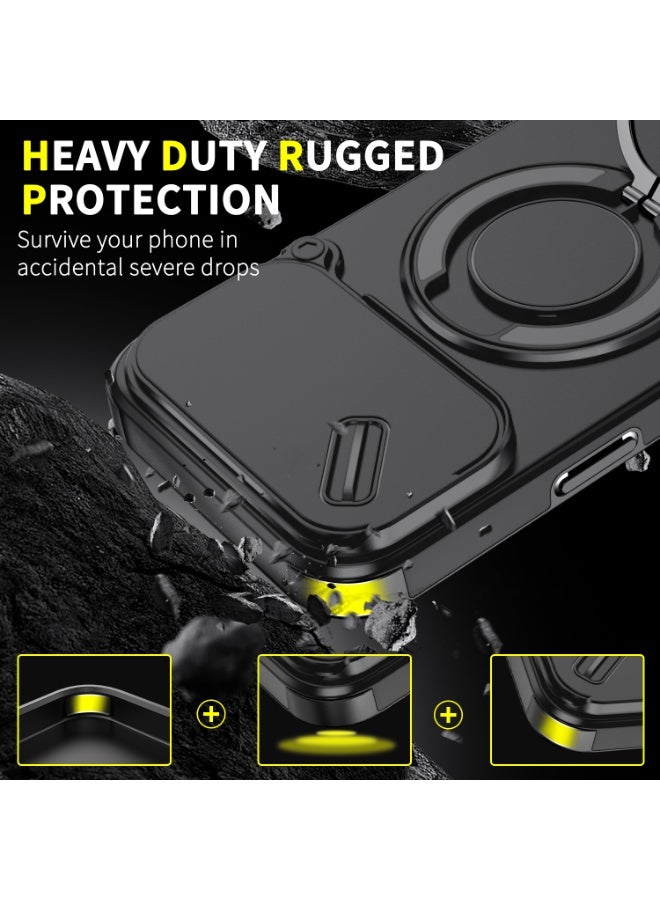 جراب كاميرا منزلق لهاتف iPhone 17 Pro Max، ناعم الملمس، MagSafe مغناطيسي، درجة عسكرية، أربع وسائد هوائية لحماية محسنة من الصدمات في الزوايا، حامل حلقي يدور 360 درجة، كمبيوتر صلب مقاوم للخدش، أسود، قطعة واحدة. - Image 2