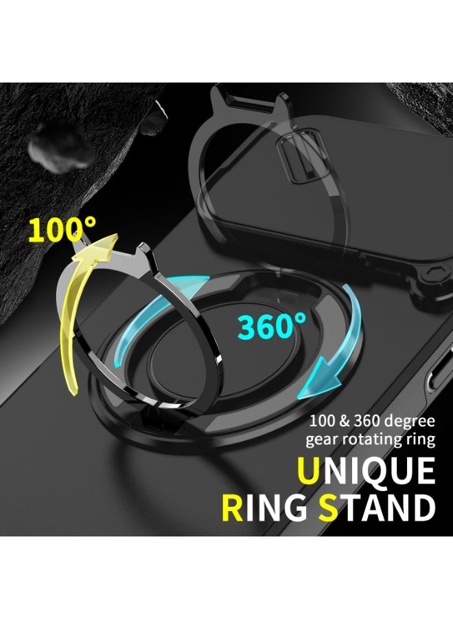 جراب كاميرا منزلق لهاتف iPhone 17 Pro Max، ناعم الملمس، MagSafe مغناطيسي، درجة عسكرية، أربع وسائد هوائية لحماية محسنة من الصدمات في الزوايا، حامل حلقي يدور 360 درجة، كمبيوتر صلب مقاوم للخدش، أسود، قطعة واحدة. - Image 3