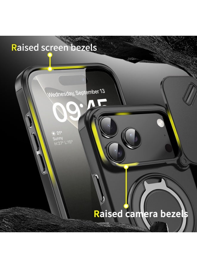 جراب كاميرا منزلق لهاتف iPhone 17 Pro Max، ناعم الملمس، MagSafe مغناطيسي، درجة عسكرية، أربع وسائد هوائية لحماية محسنة من الصدمات في الزوايا، حامل حلقي يدور 360 درجة، كمبيوتر صلب مقاوم للخدش، أسود، قطعة واحدة. - Image 5