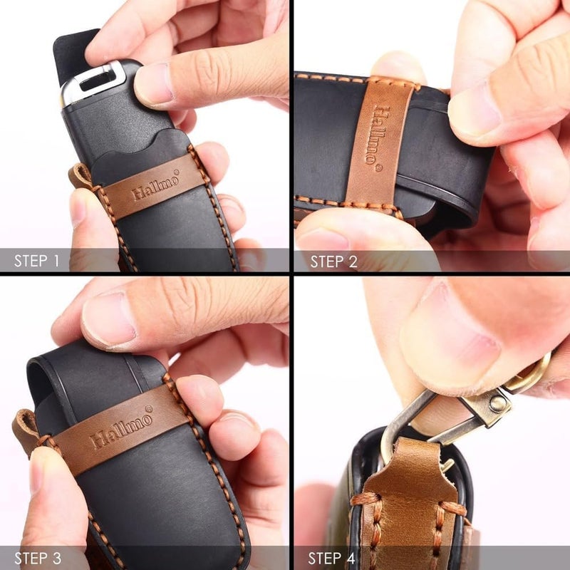 7Cylinder Leather Key Fob Cover Case with Keychain for Toyota Models - Black - Image 4