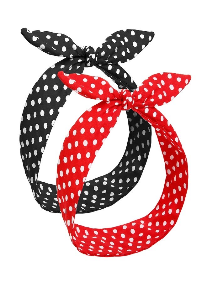 هواتشي طوق رأس منقط من هواتشي، طوق شعر سلكي عتيق مع فيونكة، أطواق رأس عريضة، إكسسوارات شعر ريترو من الخمسينيات للنساء والفتيات، طوق رأس لطيف لحفلات تنكرية على شكل أذن أرنب من الخمسينيات (قطعتان، أحمر وأسود) - Image 1