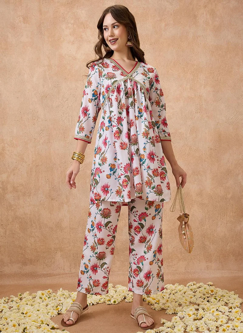 Globus Women V-Neck Gotta Patti Floral Print Tunic With Wide Leg Pants Festive Co-Ord Set