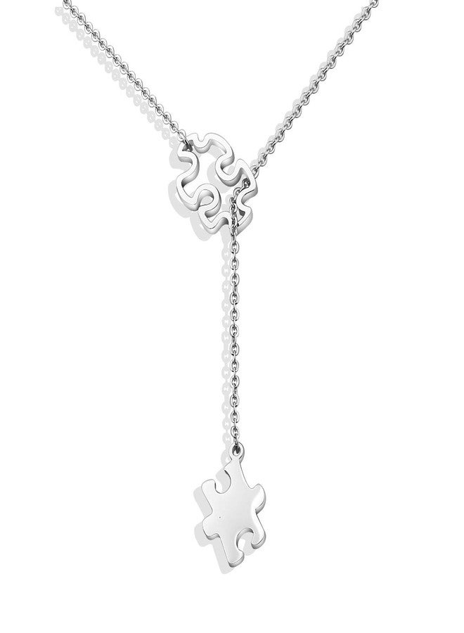 BNQL Autism Awareness Puzzle Lariat Necklace Motivational Autism Gift (Silver Y necklace) - Image 1