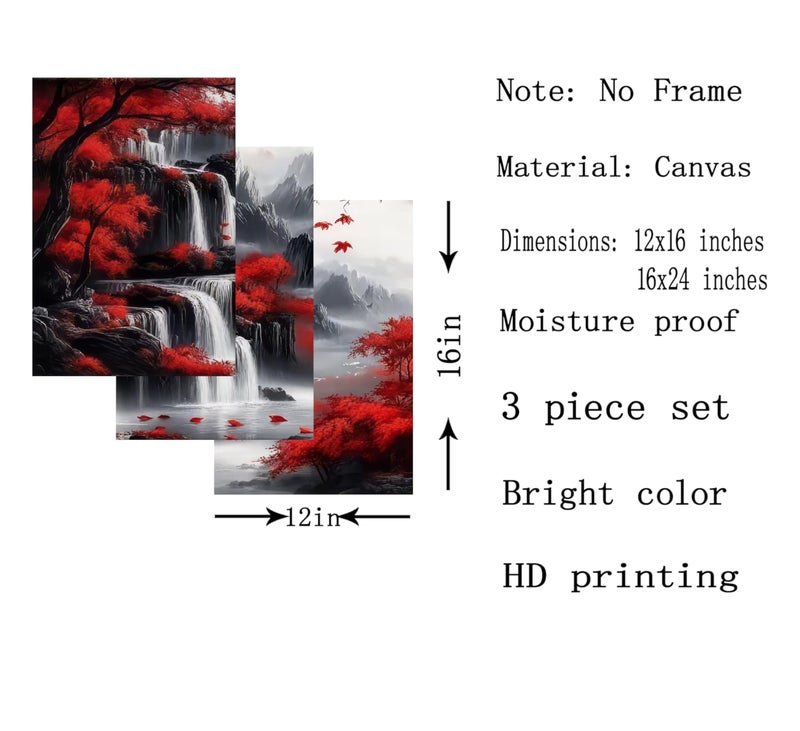 WWN Red Forest Waterfalls Canvas Wall Art Grey Mountains Lake and Red Trees Landscape Pictures Wall Decor Black and White Natural Scenery Poster Painting Prints for Living Room Bathroom Office Decorate - Image 4