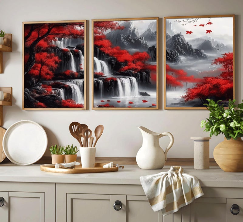 WWN Red Forest Waterfalls Canvas Wall Art Grey Mountains Lake and Red Trees Landscape Pictures Wall Decor Black and White Natural Scenery Poster Painting Prints for Living Room Bathroom Office Decorate - Image 5