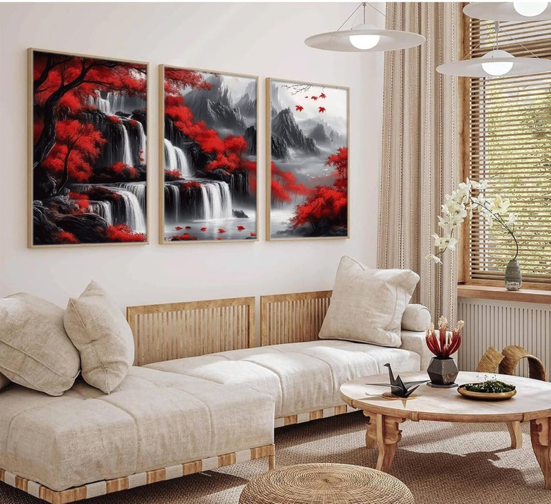 WWN Red Forest Waterfalls Canvas Wall Art Grey Mountains Lake and Red Trees Landscape Pictures Wall Decor Black and White Natural Scenery Poster Painting Prints for Living Room Bathroom Office Decorate - Image 3