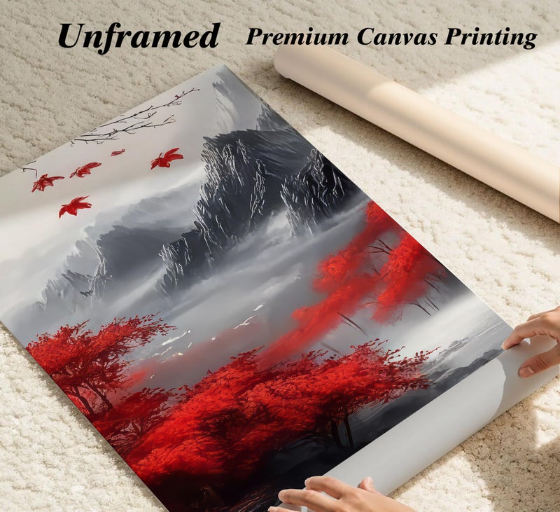 WWN Red Forest Waterfalls Canvas Wall Art Grey Mountains Lake and Red Trees Landscape Pictures Wall Decor Black and White Natural Scenery Poster Painting Prints for Living Room Bathroom Office Decorate - Image 2