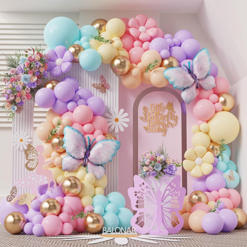 BALONAR Daisy Butterfly Balloon Garland Arch Kit with Pastel Macarone Pink Blue Yellow Purple Gold Latex Balloons for Birthday Party Wedding Decorations Macarone - Image 2