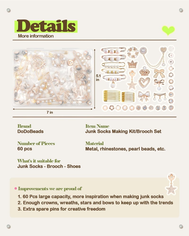 DoDoBeads 60 Pcs Junk Socks Charms Kit, Gold Brooches and Pins for Women, Pearl and Rhinestone Sock Charms with Safety Pins, DIY Accessories for Decorating and Personalizing Socks - Image 5