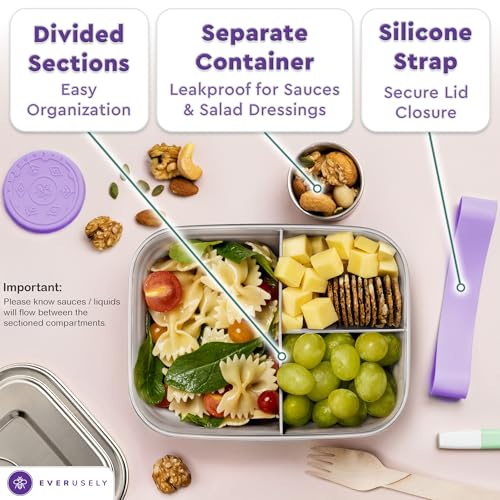 Everusely - Bento Box - Lavender, 37oz / 1.1 L - Stainless Steel Lunch Box with Leakproof Condiment Container - 3 Compartment Snack Organizer for On the Go Meals - Freezer & Dishwasher Safe - Image 4