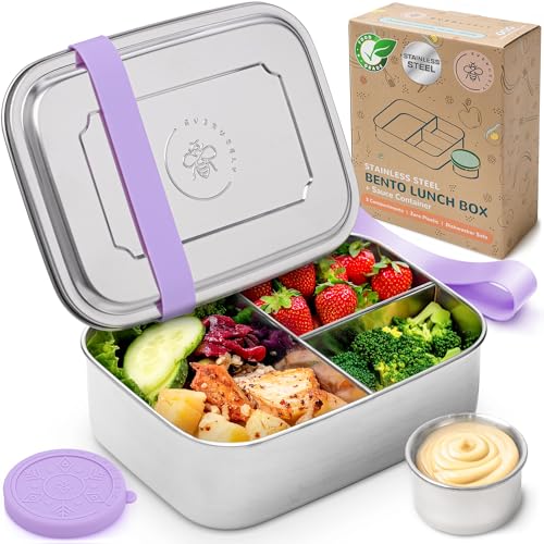 Everusely - Bento Box - Lavender, 37oz / 1.1 L - Stainless Steel Lunch Box with Leakproof Condiment Container - 3 Compartment Snack Organizer for On the Go Meals - Freezer & Dishwasher Safe - Image 1