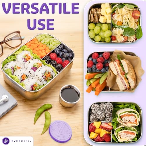 Everusely - Bento Box - Lavender, 37oz / 1.1 L - Stainless Steel Lunch Box with Leakproof Condiment Container - 3 Compartment Snack Organizer for On the Go Meals - Freezer & Dishwasher Safe - Image 5
