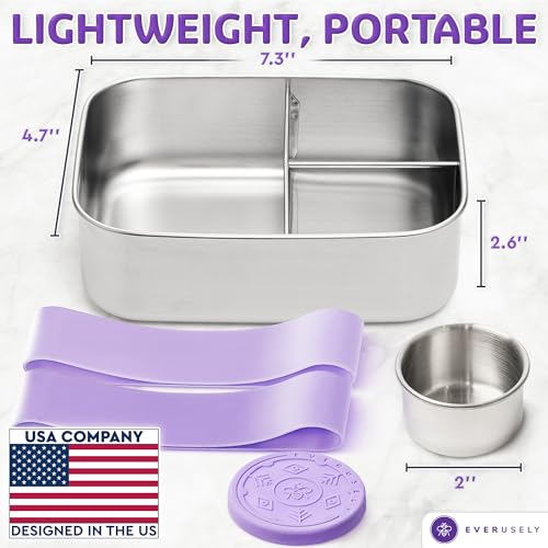 Everusely - Bento Box - Lavender, 37oz / 1.1 L - Stainless Steel Lunch Box with Leakproof Condiment Container - 3 Compartment Snack Organizer for On the Go Meals - Freezer & Dishwasher Safe - Image 2