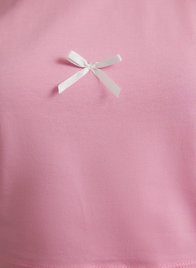 trendyol Pink Bow Detail Crop Short Sleeve Crew Neck Stretchy Knitted T-Shirt - Image 3