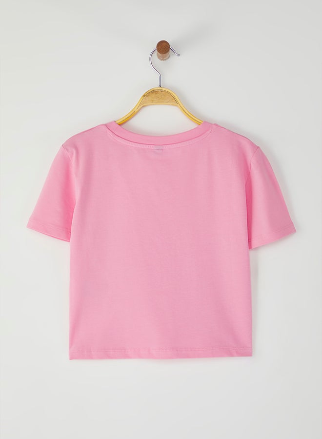 trendyol Pink Bow Detail Crop Short Sleeve Crew Neck Stretchy Knitted T-Shirt - Image 5